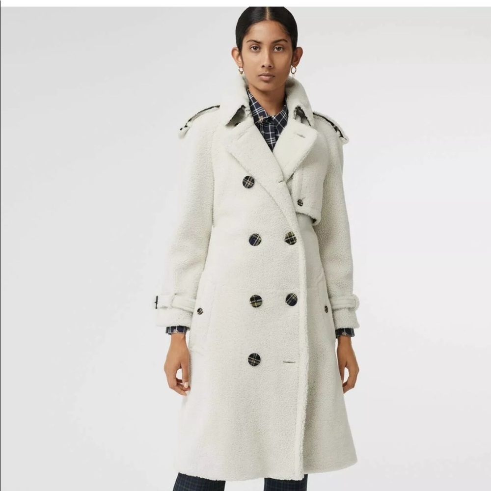 NEW Burberry white shearling leather fur trench coat